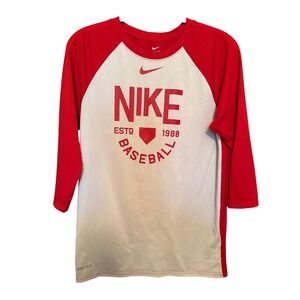 Nike Baseball Dri-Fit Raglan 3/4 Sleeve Athletic‎ Cut Tee Men's Small Red White